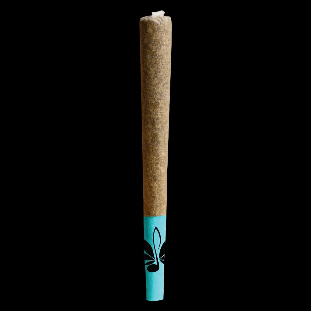 High Note The Blues pre-roll with turquoise filter tip and cannabis leaf logo on white background