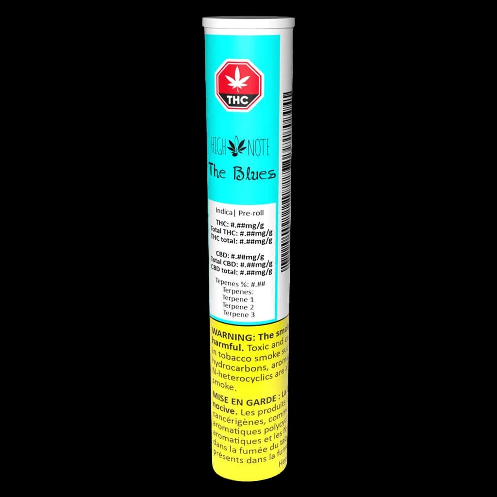High Note The Blues indica pre-roll in turquoise tube with red THC warning symbol and yellow Health Canada warning label