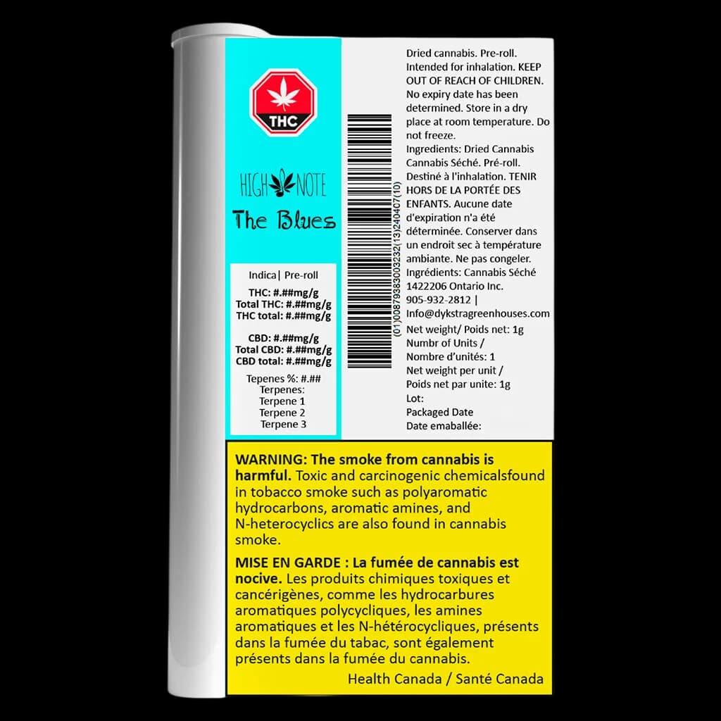 High Note The Blues Indica pre-roll 1g package with cyan front label, THC warning symbol, barcode, and yellow Health Canada warning label
