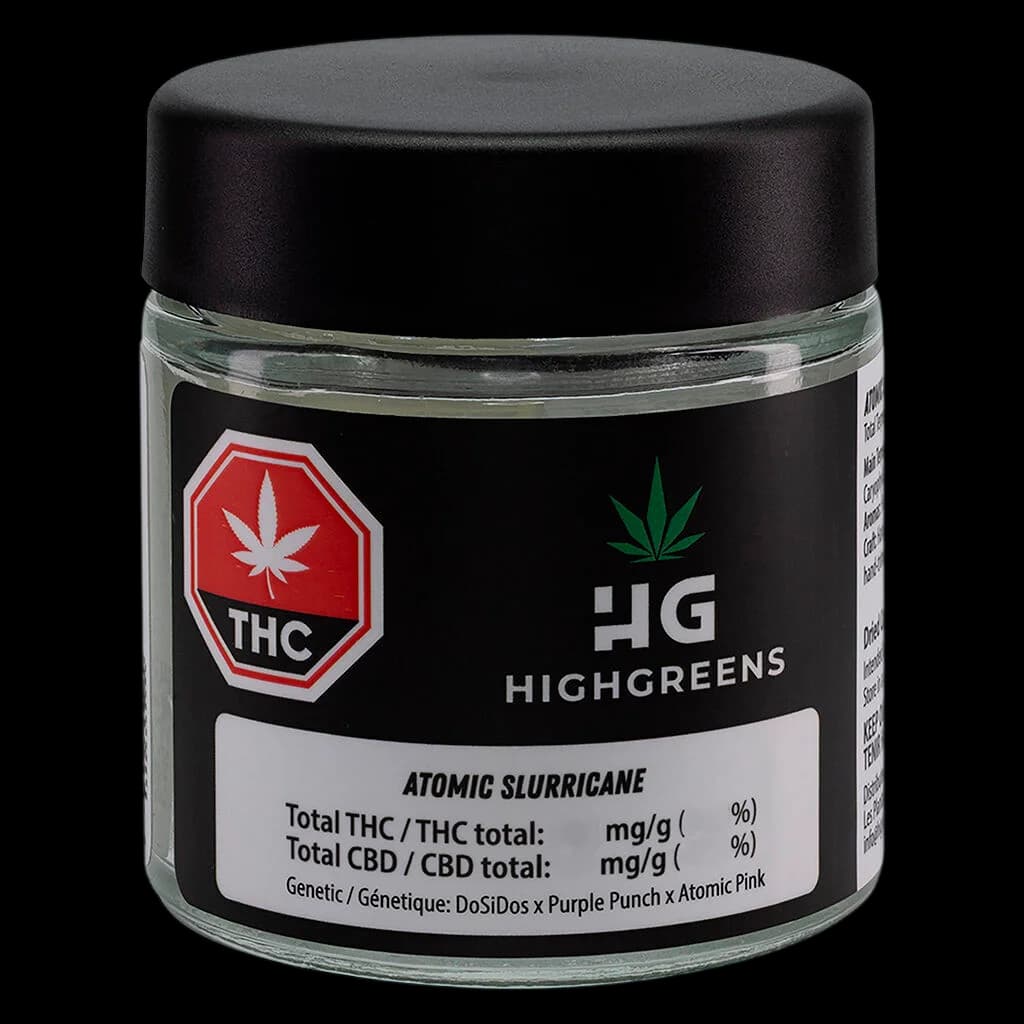 HighGreens Atomic Slurricane dried flower in glass jar with black cap, showing THC warning symbol and product label