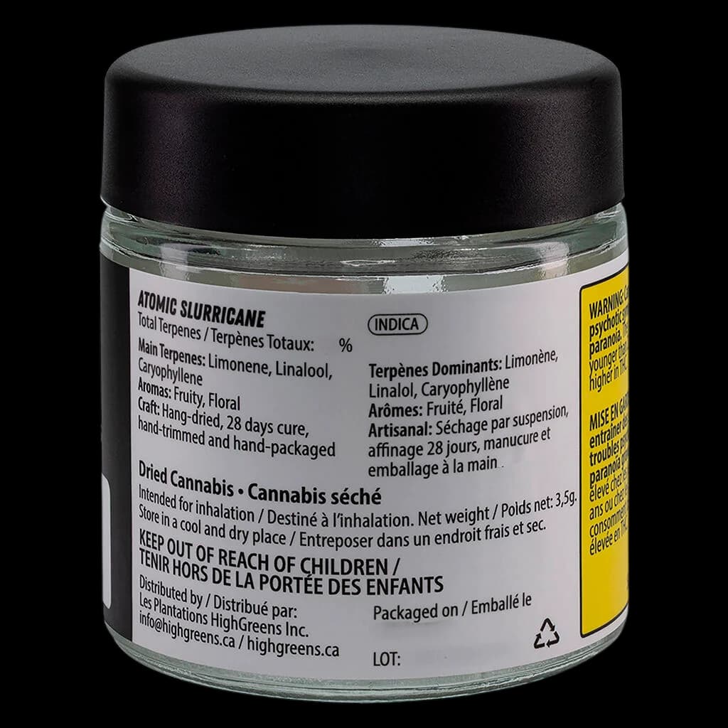 Atomic Slurricane 3.5g dried cannabis flower jar by HighGreens, Indica strain with limonene and linalool terpenes