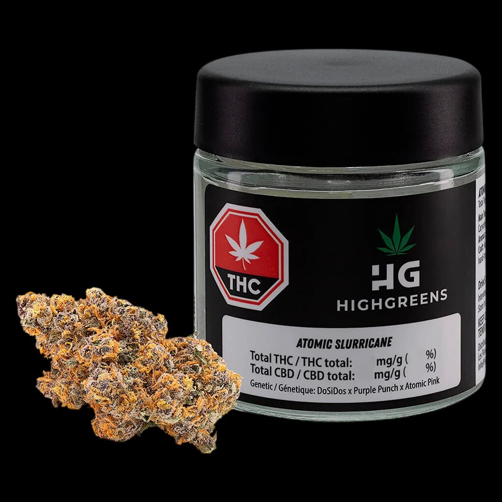 HighGreens Atomic Slurricane dried flower cannabis in glass jar with black cap, showing golden-brown buds with visible trichomes