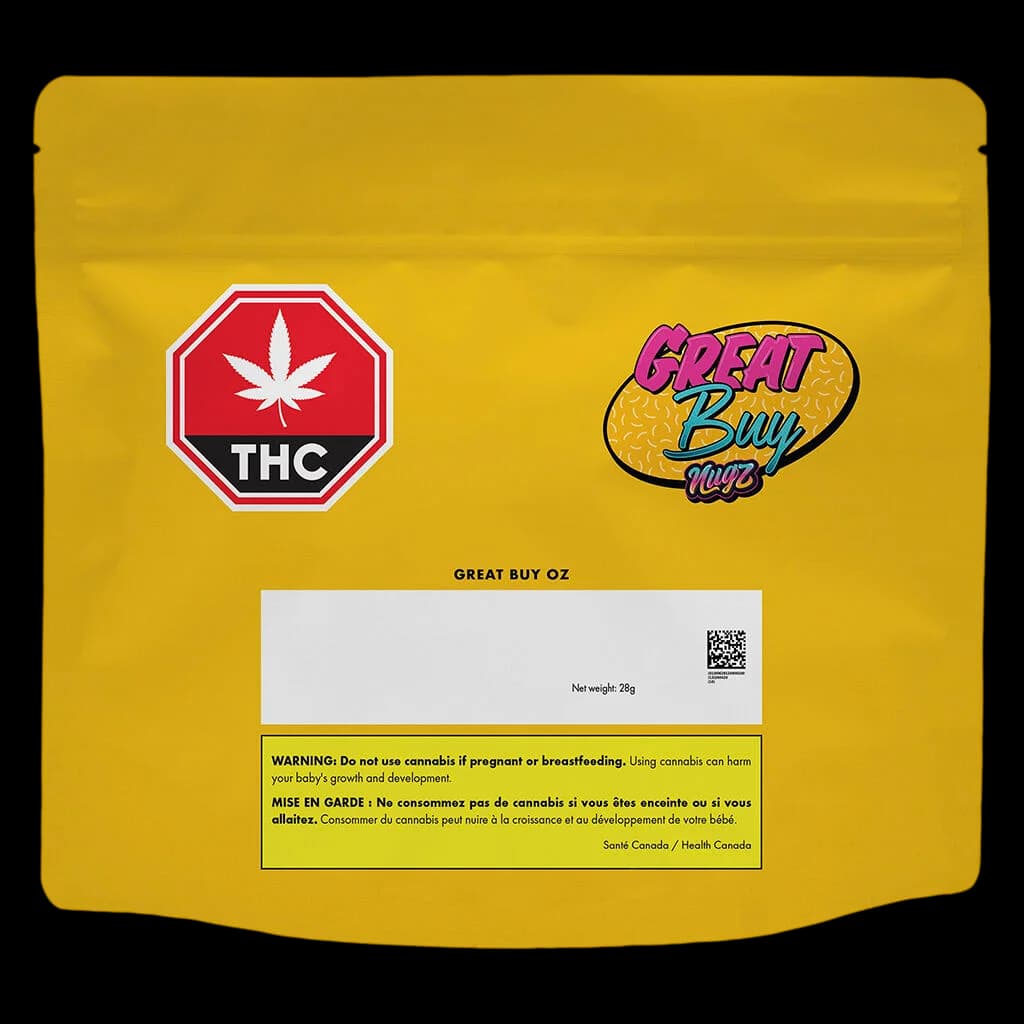 Emballage de 28 g de fleurs séchées de cannabis Great Buy Oz par Nugz avec pochette jaune, symbole d'avertissement THC rouge et étiquette réglementaire de Santé Canada