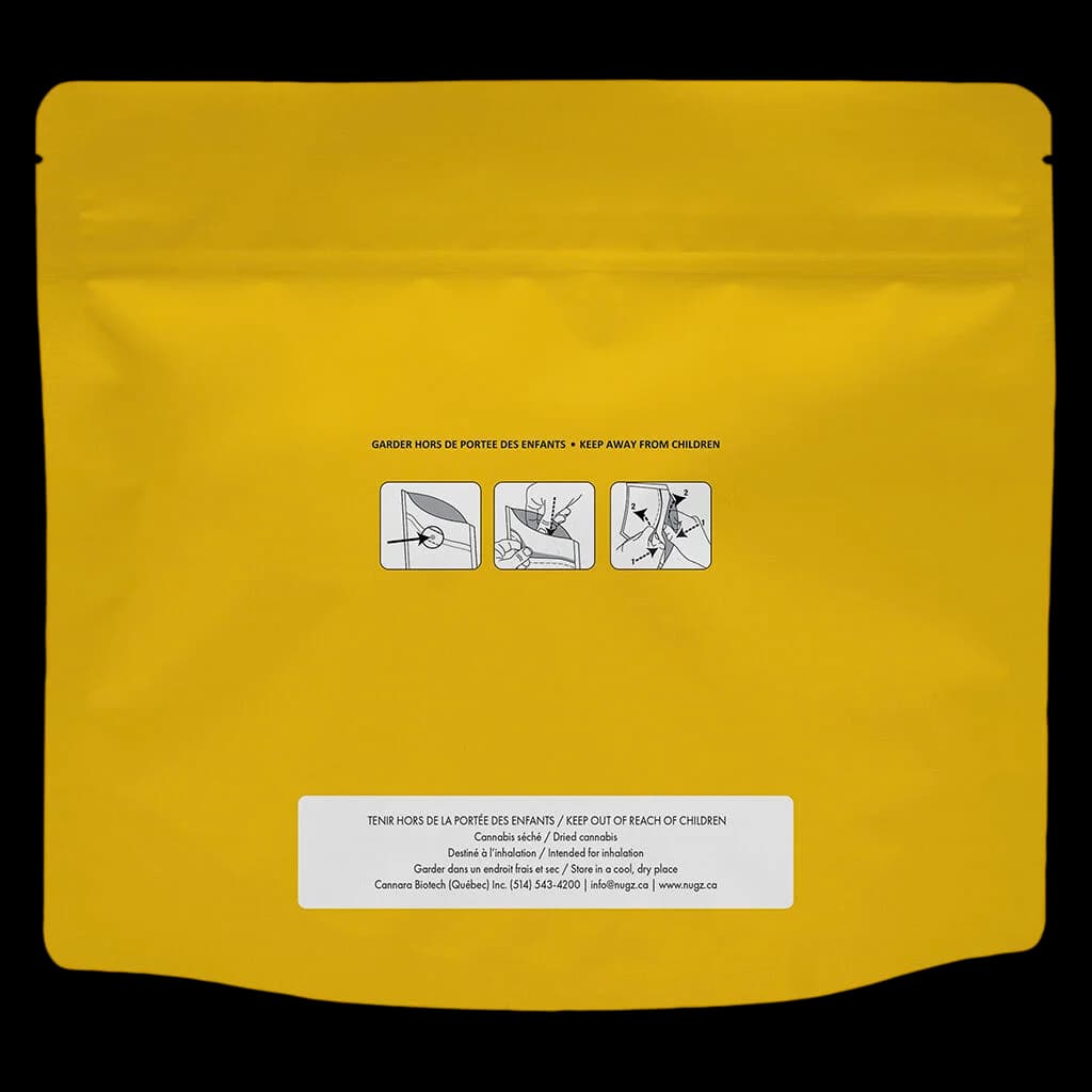 Dos du sachet de fleurs séchées de cannabis Great Buy Oz de Nugz avec emballage jaune, avertissement de sécurité pour les enfants et instructions de conservation
