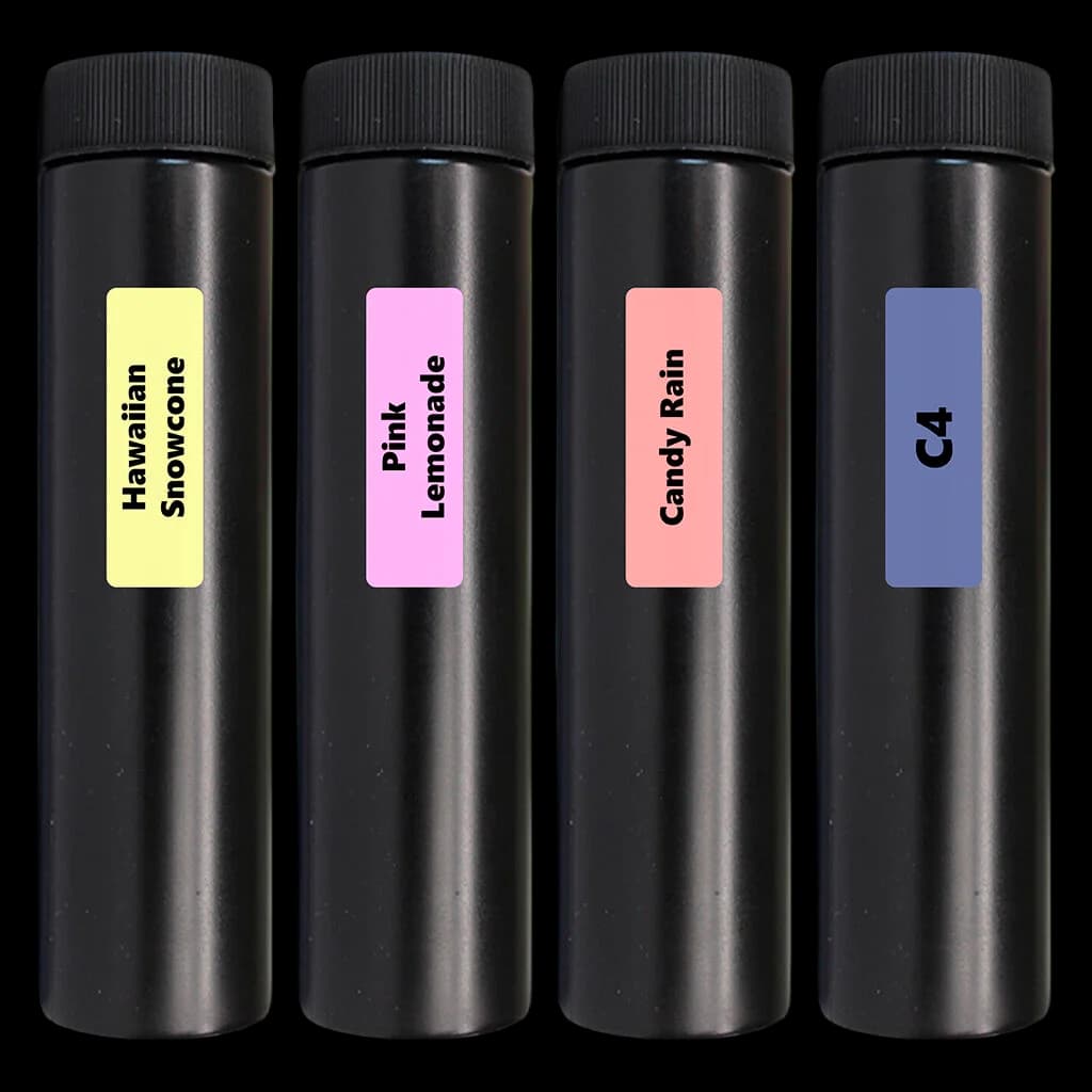 Quatre tubes de pré-roulés 1Spliff Titan Variety Pack étiquetés Hawaiian Snowcone, Pink Lemonade, Candy Rain et C4