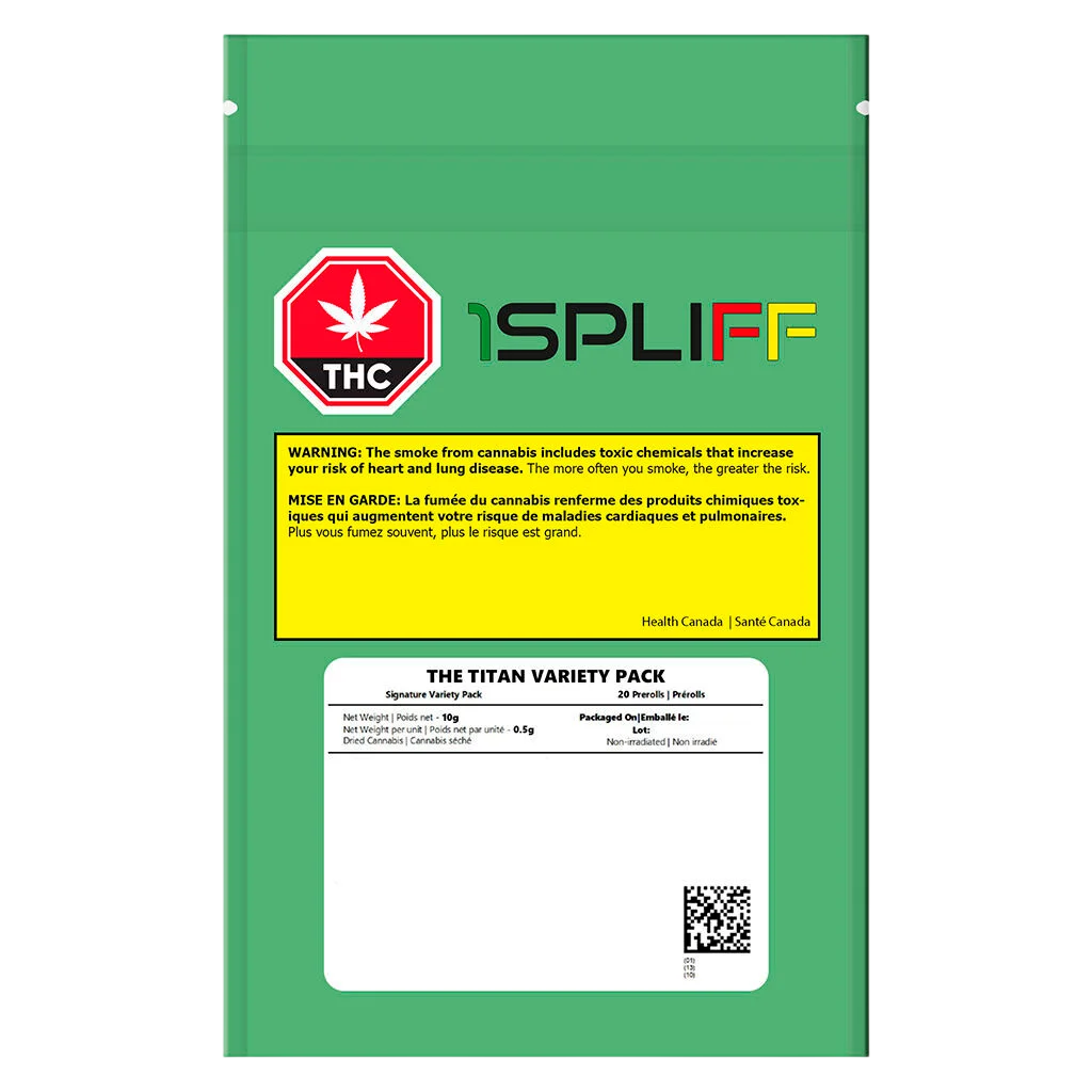Emballage du produit 1Spliff The Titan Variety Pack, 20 pré-roulés, 10 g de cannabis au total, avec fond vert, symbole d'avertissement THC rouge et étiquette d'avertissement jaune de Santé Canada