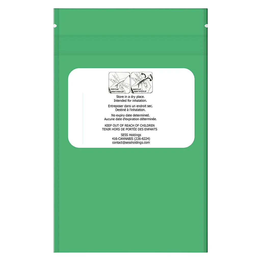 Étiquette arrière de l’emballage vert du paquet varié de préroulés Titan de 1Spliff, présentant les instructions d’entreposage et les renseignements réglementaires.