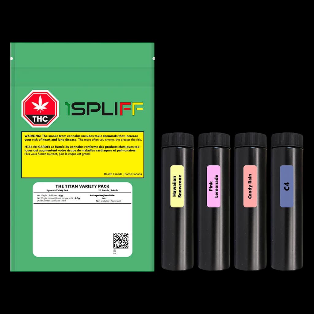 Paquet varié The Titan de 1Spliff comprenant 4 préroulés identifiés comme Hawaiian Snowcone, Pink Lemonade, Candy Rain et C-4.