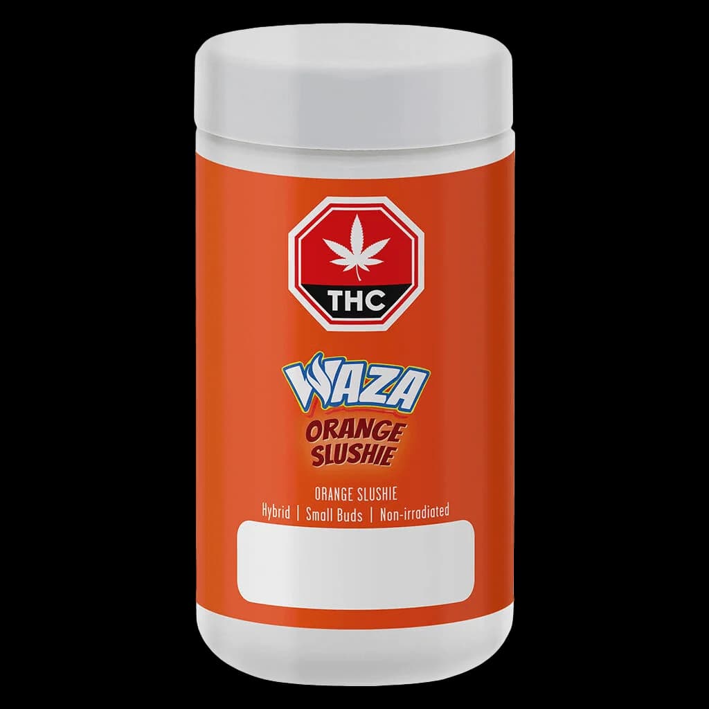 WAZA Orange Slushie hybrid cannabis dried flower in orange cylindrical jar with white cap