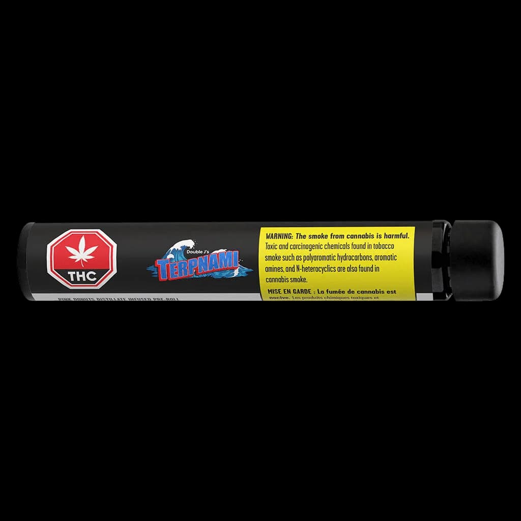 Double J's Terpnami Pink Donuts distillate-infused pre-roll with THC warning symbol and Health Canada cannabis warning label on black tube packaging