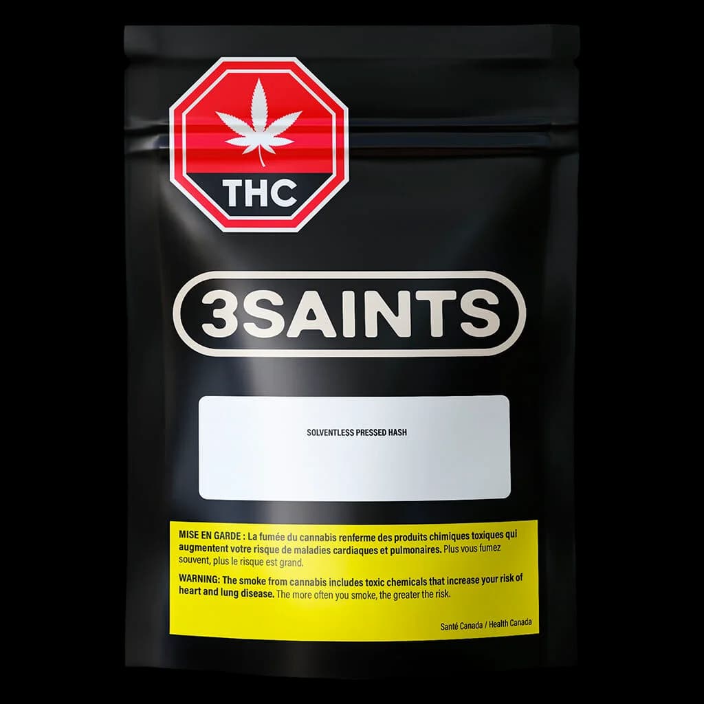 3Saints solventless pressed hash package with red THC warning symbol and yellow Health Canada warning label on black pouch