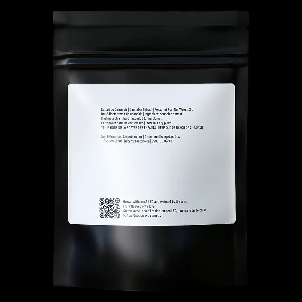 Greenstone Enterprises cannabis extract 2g pouch, rear label showing bilingual product information and QR code