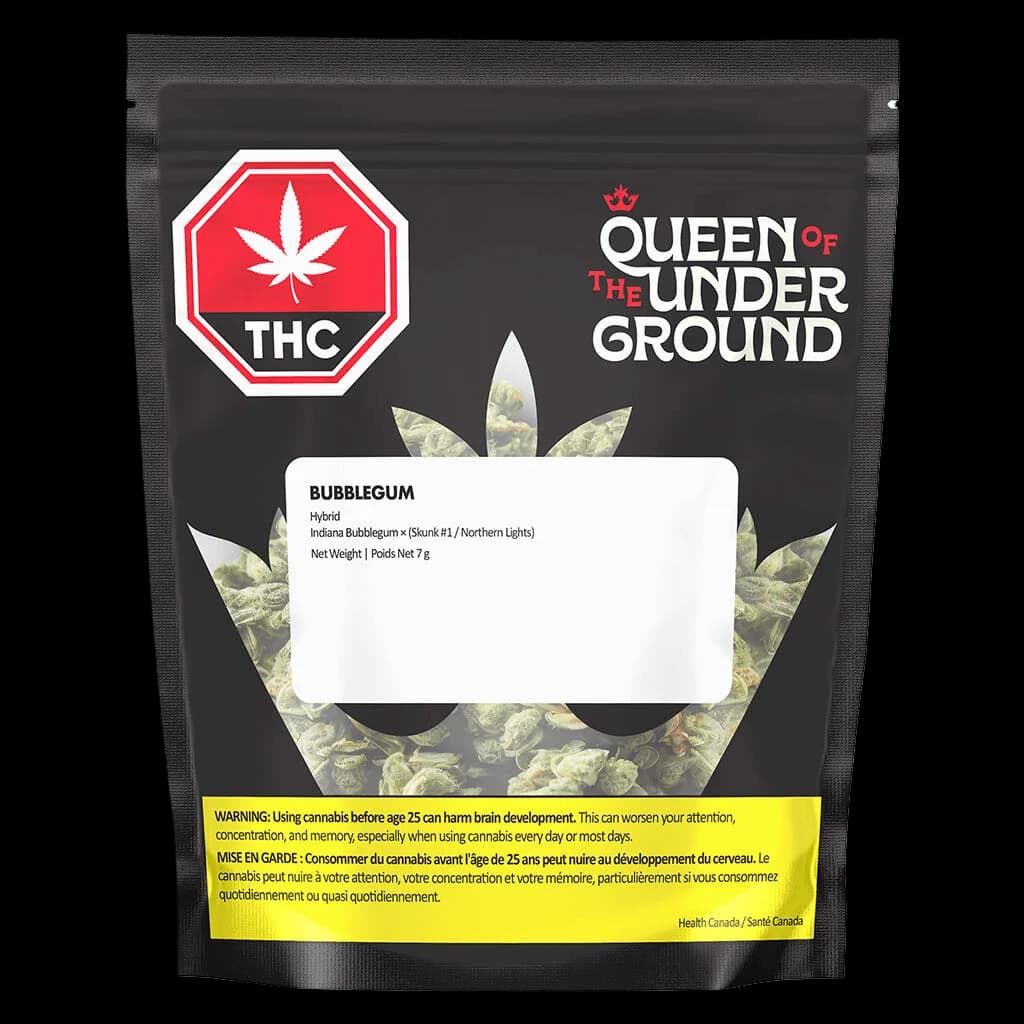 Queen of the Underground Bubblegum hybrid cannabis dried flower, 7g pouch with strain details and Health Canada warning label visible