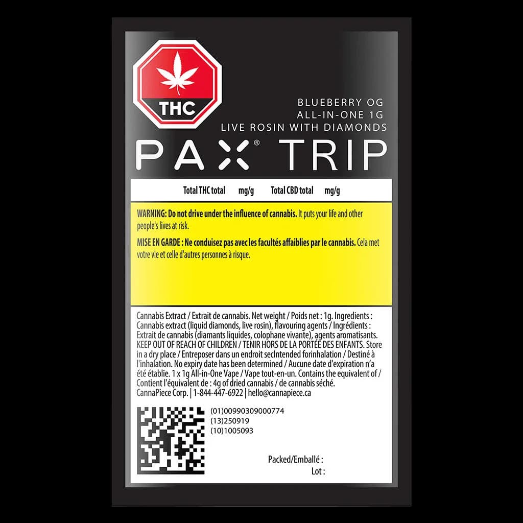 Emballage avant de la vaporisateur de cannabis tout-en-un PAX Trip Blueberry OG 1 g de résine vivante avec diamants, avec symbole d'avertissement THC et étiquette de sécurité de Santé Canada
