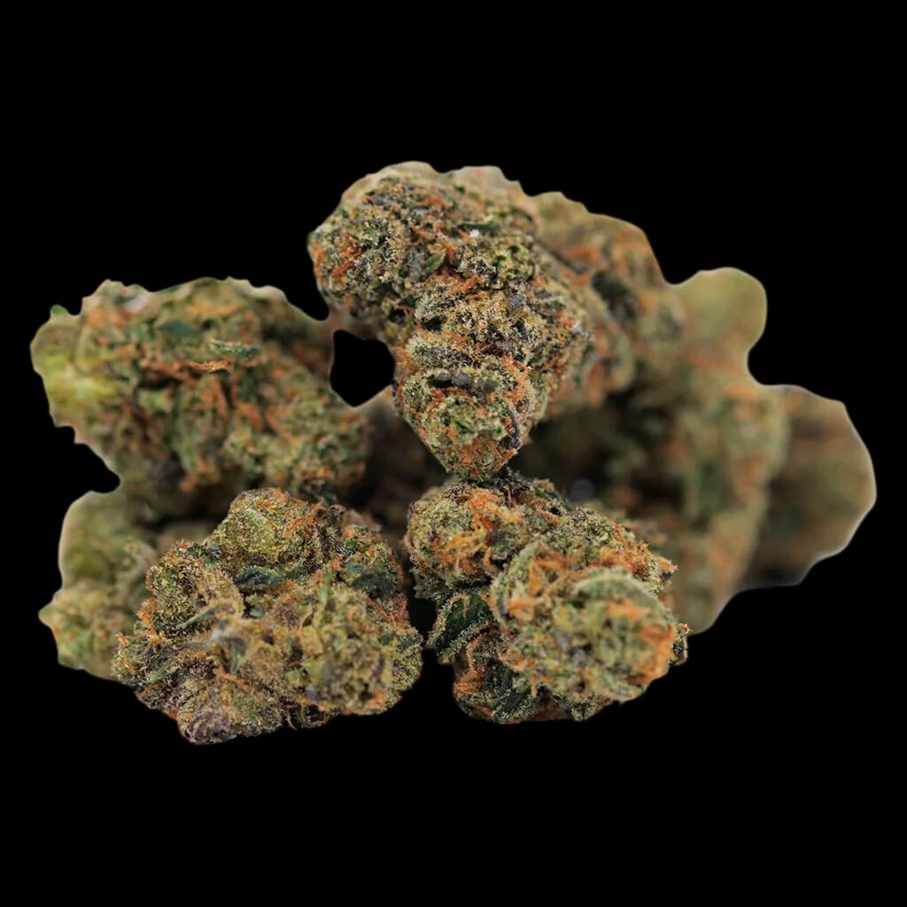 EastCann Chopper's Pick Smalls cannabis dried flower buds with green and orange hues against white background