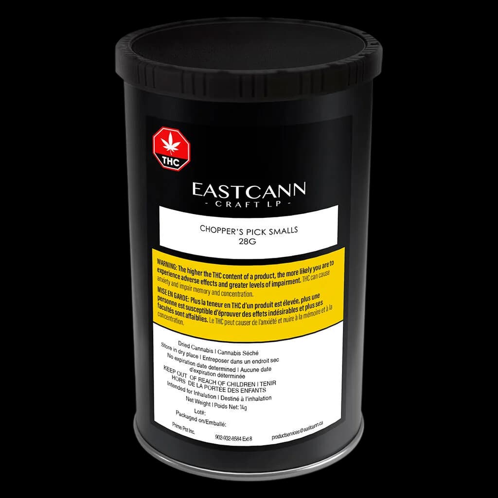 EastCann Craft LP Chopper's Pick Smalls 28g cannabis dried flower in black cylindrical jar with red THC warning symbol