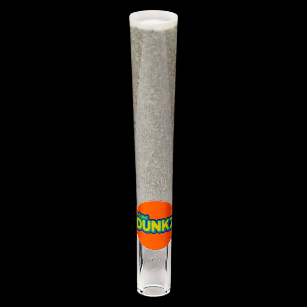 Dunkz HashHole pre-roll with cannabis flower and tropical fruit live rosin in clear glass tube with orange band label