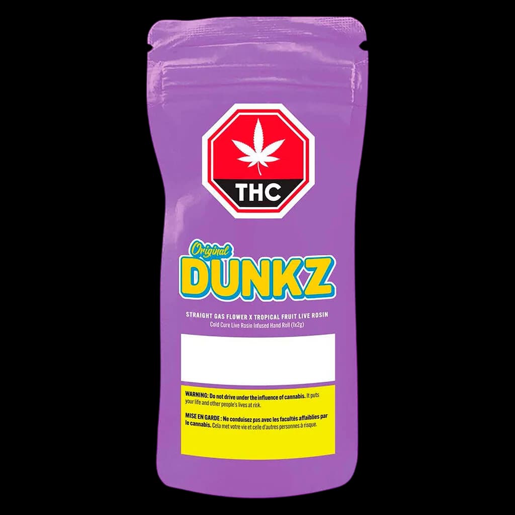 Original Dunkz Straight Gas Flower x Tropical Fruit Live Rosin Hand Roll (1x2g) cannabis concentrate pouch with purple packaging and red THC warning symbol