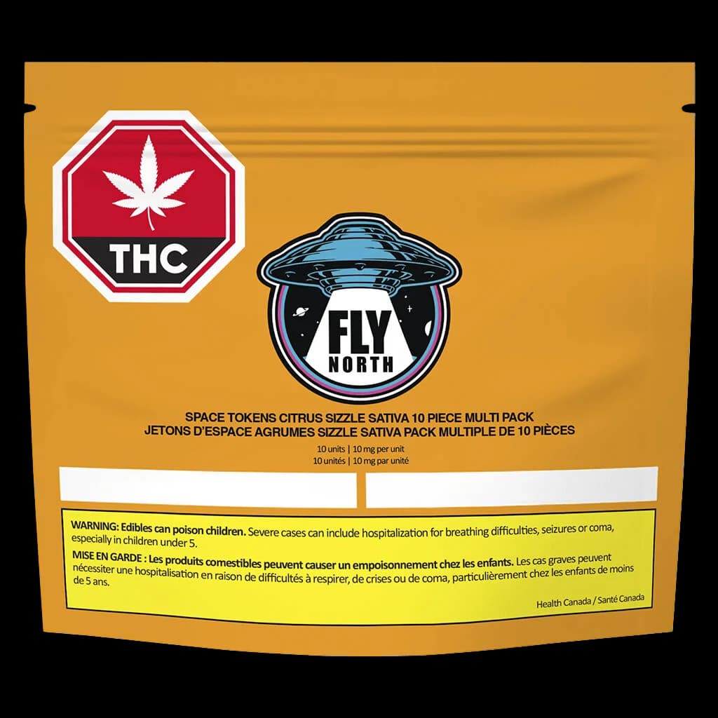 Multipack de 10 bonbons mous Fly North Space Tokens Sativa Citrus Sizzle avec symbole d'avertissement THC et étiquette de sécurité Santé Canada sur pochette dorée