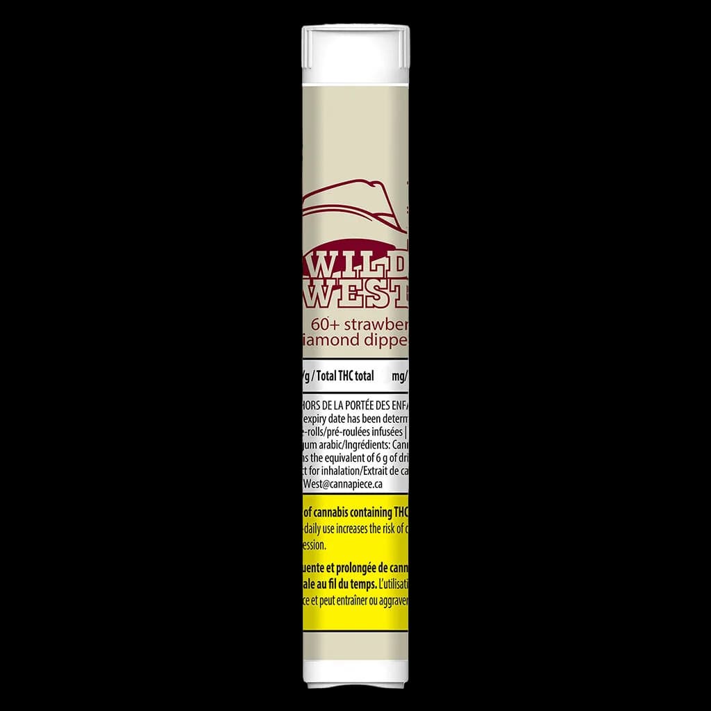 Wild West 60+ Strawberry Stampede Diamonds Dipped cannabis blunt package with cream and burgundy label design