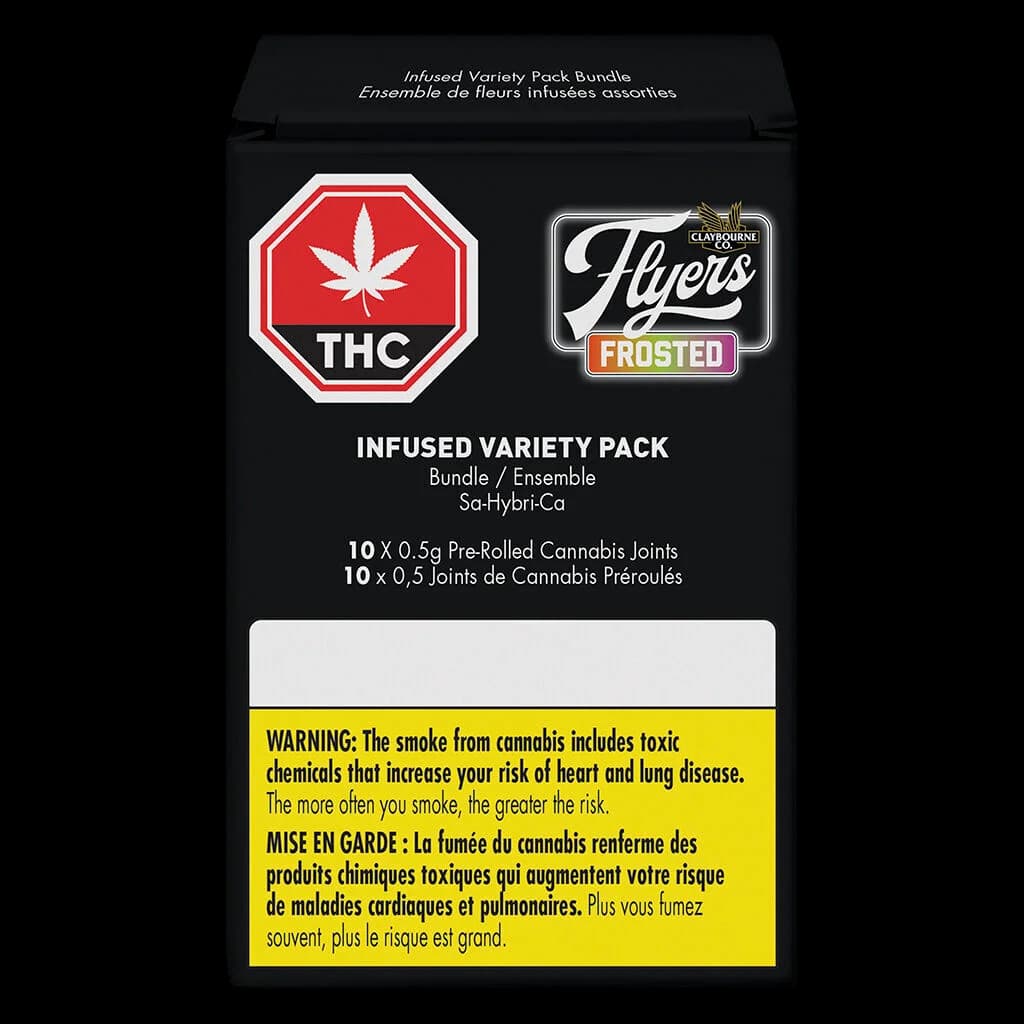 Claybourne Flyers Frosted Infused Variety Pack Bundle, 10 x 0.5g pre-rolled cannabis joints in black retail packaging with red THC warning label