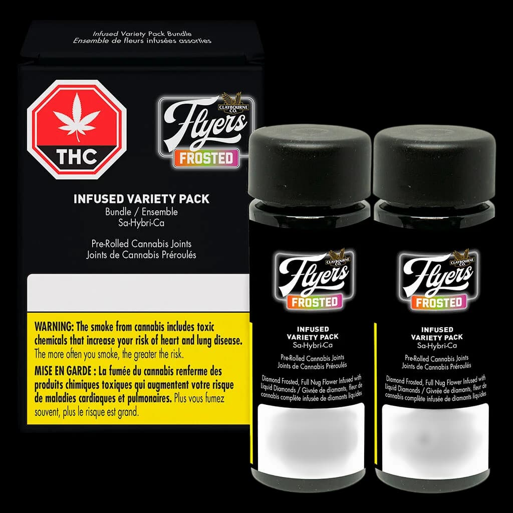 Claybourne Flyers Frosted Infused Variety Pack Bundle with two pre-rolled cannabis joints in black jars featuring diamond-frosted flower infusion