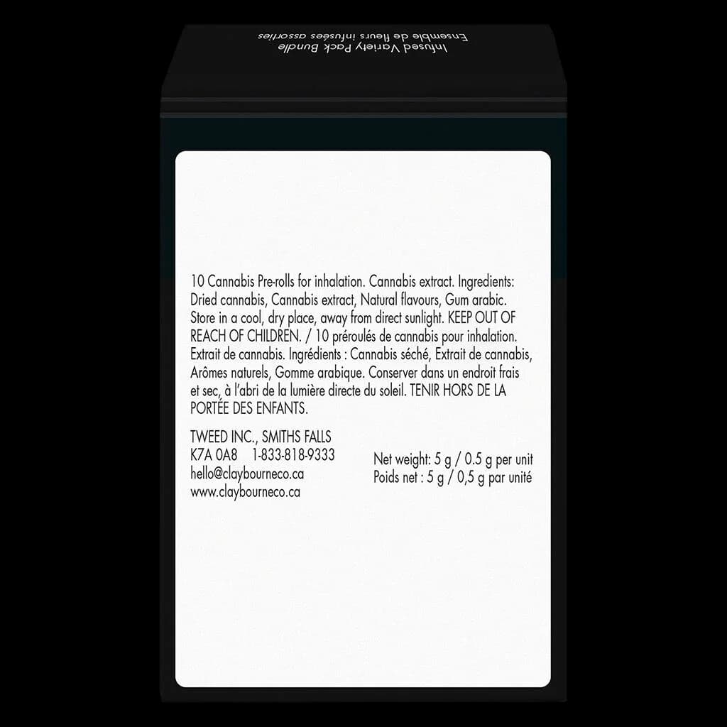 Back of Claybourne cannabis pre-roll packaging showing ingredient list, net weight 5g, and bilingual product information