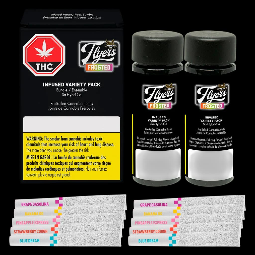 Flyers Frosted Infused Variety Pack Bundle with two pre-rolled cannabis joints in glass jars and four strain varieties displayed below
