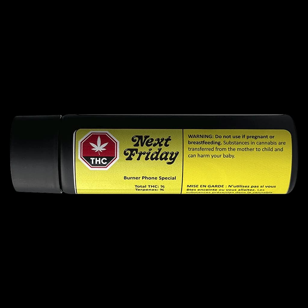 Pré-roulé spécial Burner Phone de Next Friday dans un tube noir avec une étiquette jaune affichant le symbole d'avertissement THC et les mises en garde de Santé Canada