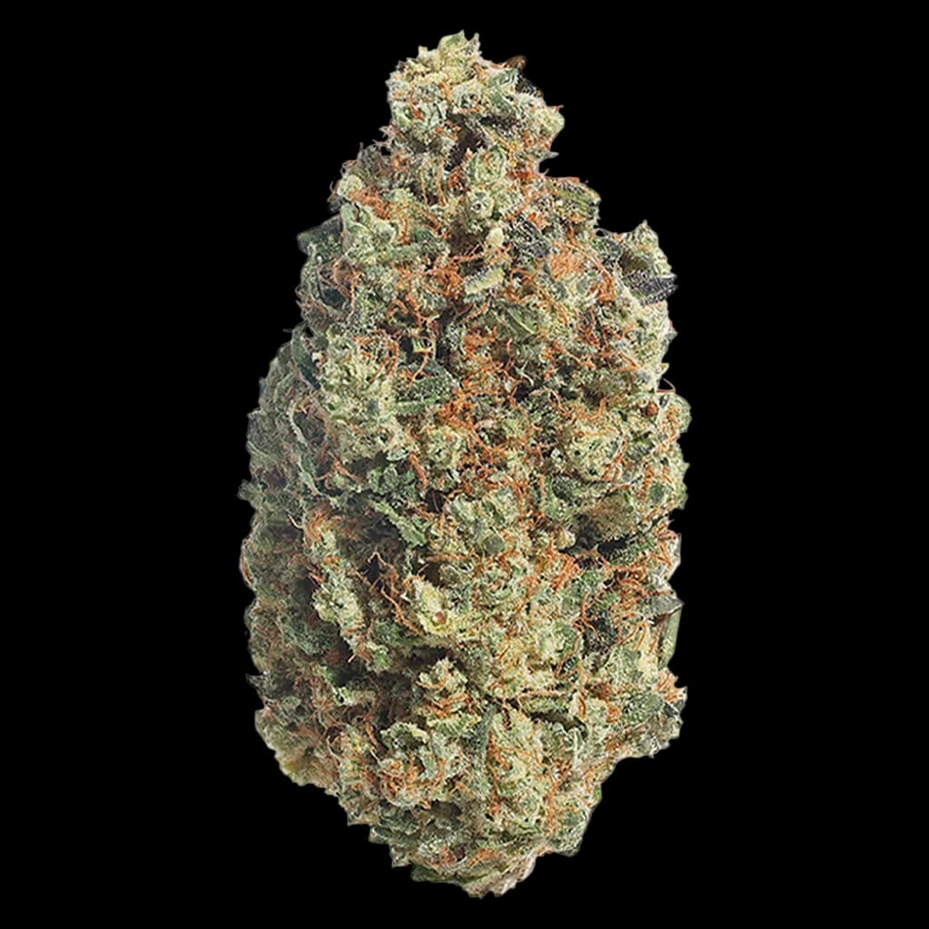 Grass Bangerine cannabis dried flower, light green and orange buds on white background