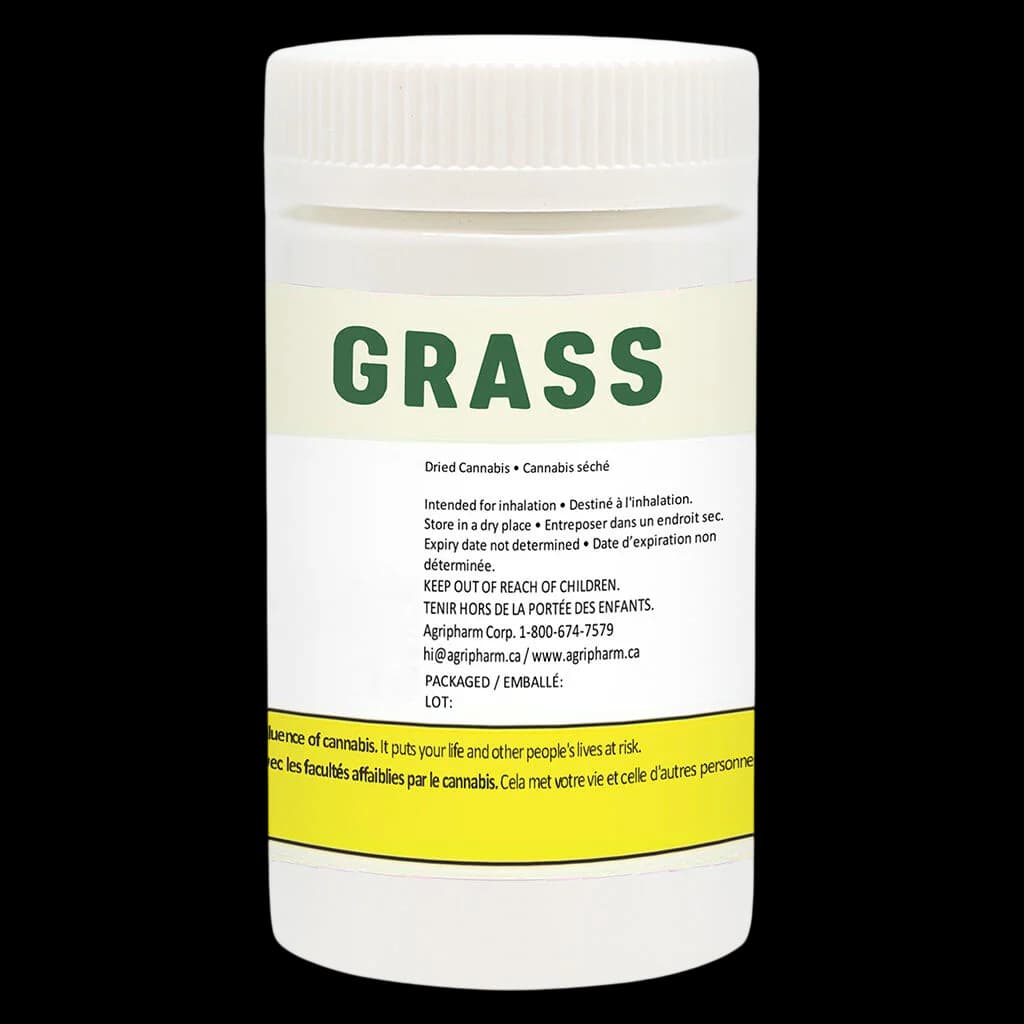 Grass Bangerine dried cannabis flower in white jar with green label and yellow Health Canada warning band