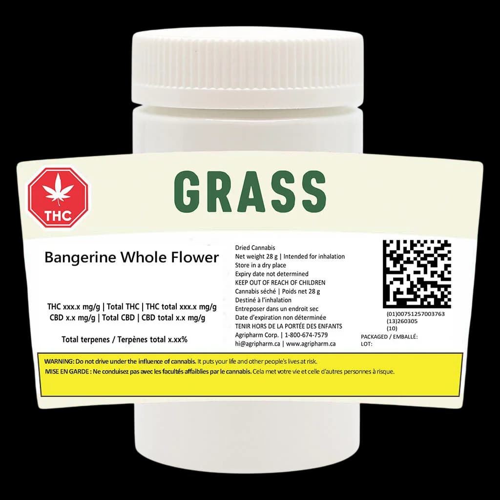 Grass Bangerine Whole Flower 28g dried cannabis jar with front label showing THC warning symbol and Health Canada bilingual regulatory text