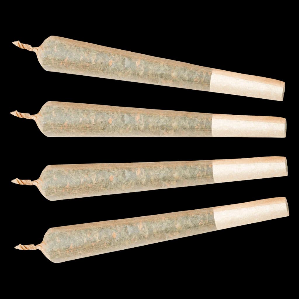 Four Happy & Stoned Quick Rips Indica pre-rolls with natural paper wrapping and twisted ends