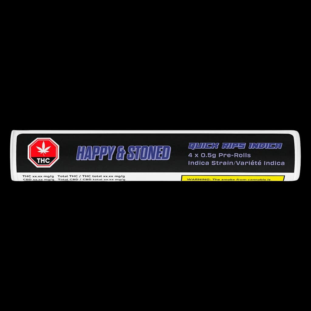 Happy & Stoned Quick Rips Indica 4 x 0.5g pre-roll pack with red THC symbol and yellow Health Canada warning label