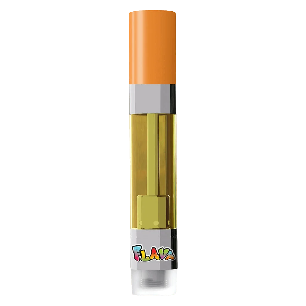 Flava Pineapple Orange 510 thread cannabis vape cartridge with golden oil, orange mouthpiece, and colorful brand label