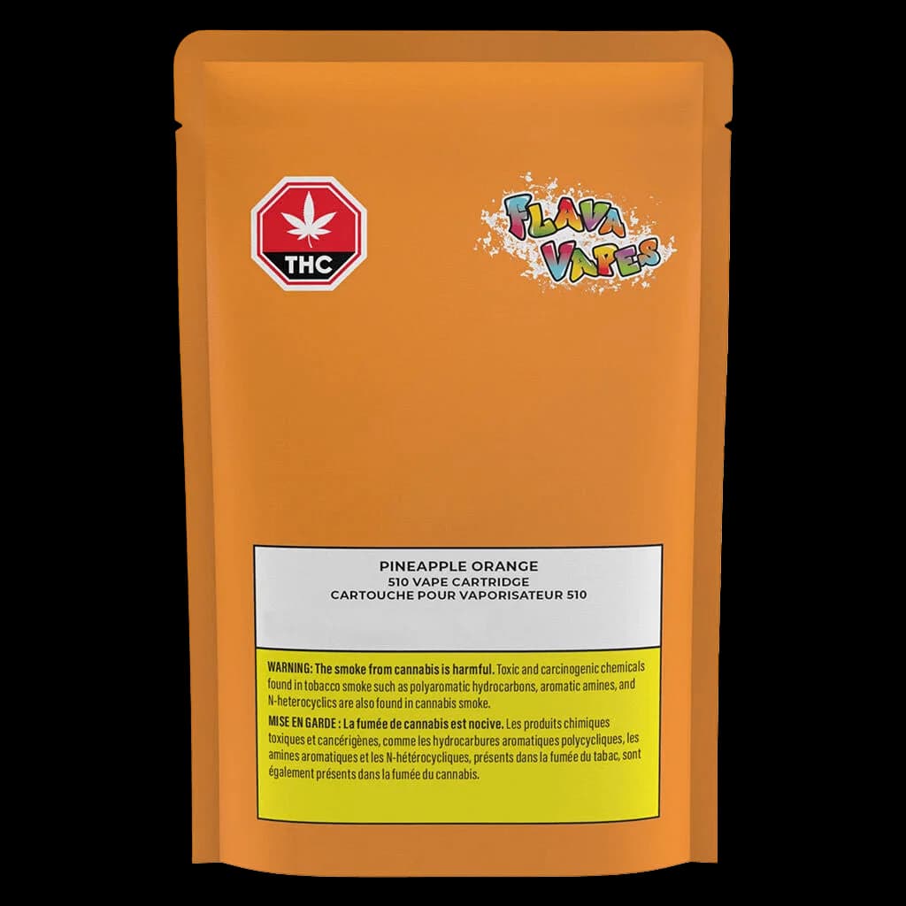 Flava Pineapple Orange 510 vape cartridge packaging, orange pouch with red THC warning symbol and yellow Health Canada warning label
