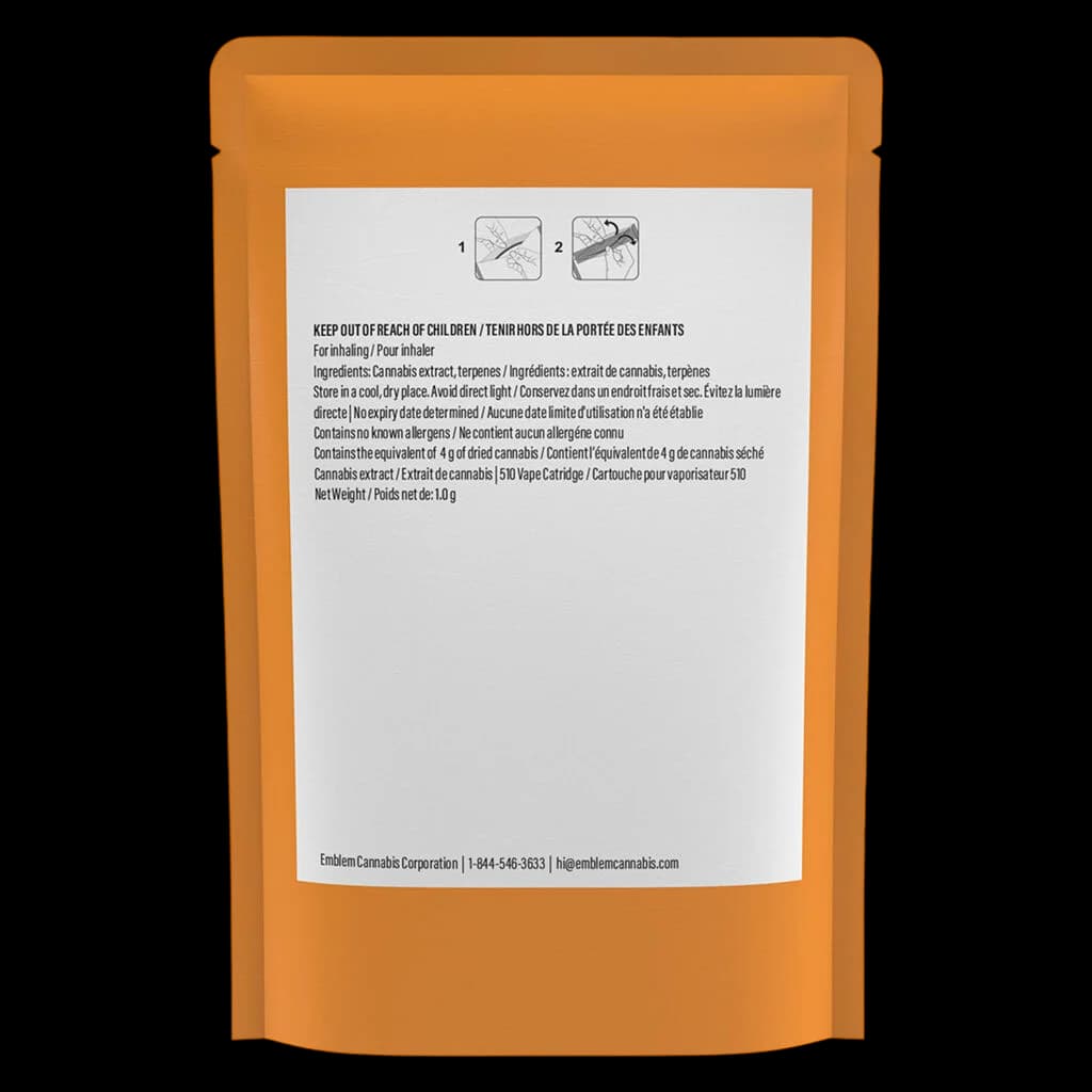 Flava Pineapple Orange 510 Thread Cartridge 1.0g back label showing cannabis extract ingredients, storage instructions, and health warnings