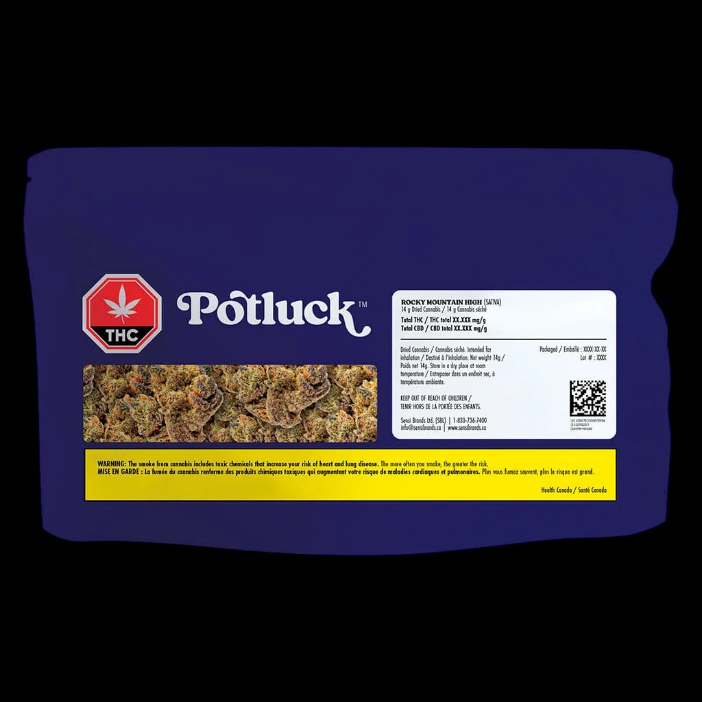 Potluck Rocky Mountain High dried flower cannabis in resealable pouch with THC warning label and regulatory information visible