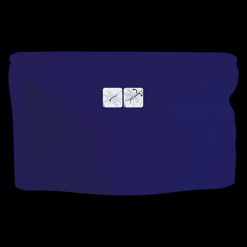 Potluck Rocky Mountain High cannabis dried flower in dark blue pouch with instruction icons