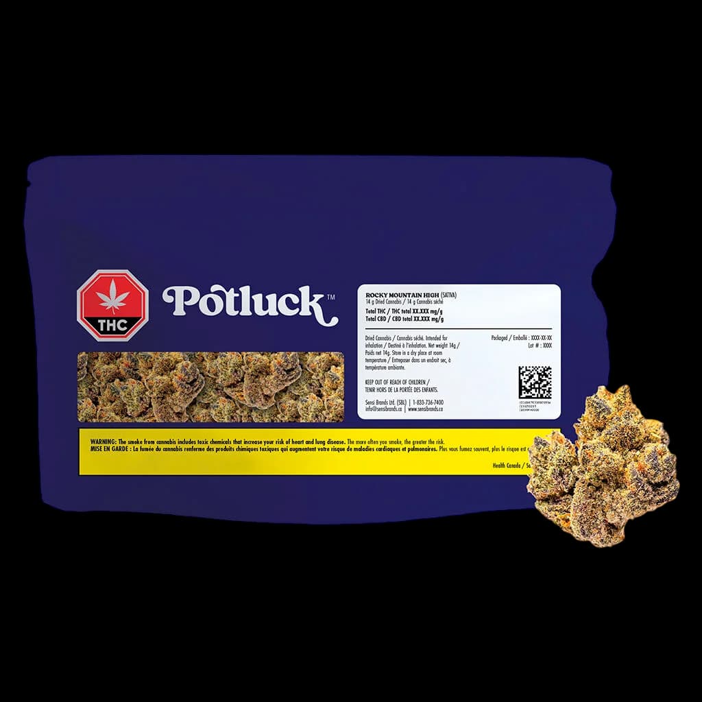 Potluck Rocky Mountain High dried flower cannabis, 14g pouch with visible golden buds displayed beside packaging
