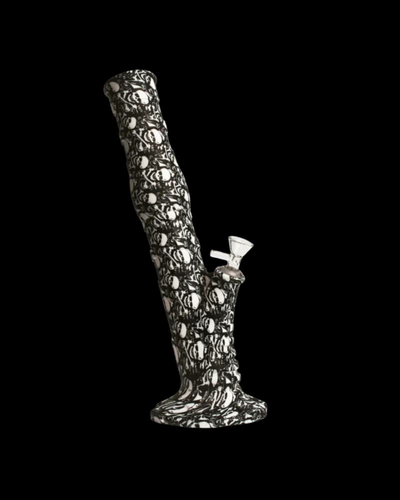 Bong tube droit en silicone Lit Silicone avec motif tête de mort et os croisés, tige descendante et bol en verre