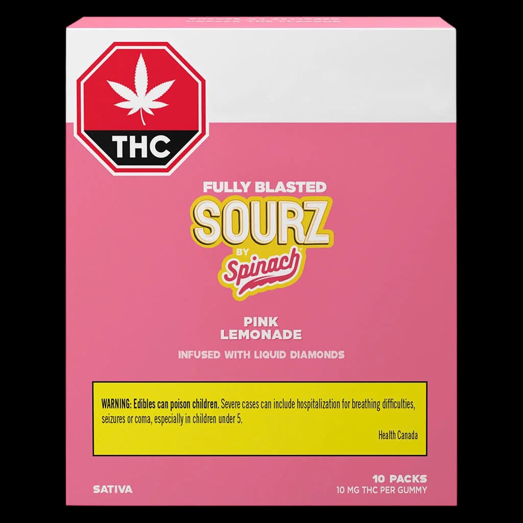 Fully Blasted Sourz by Spinach Pink Lemonade cannabis gummies, 10 packs, 10mg THC per gummy, sativa strain, infused with liquid diamonds