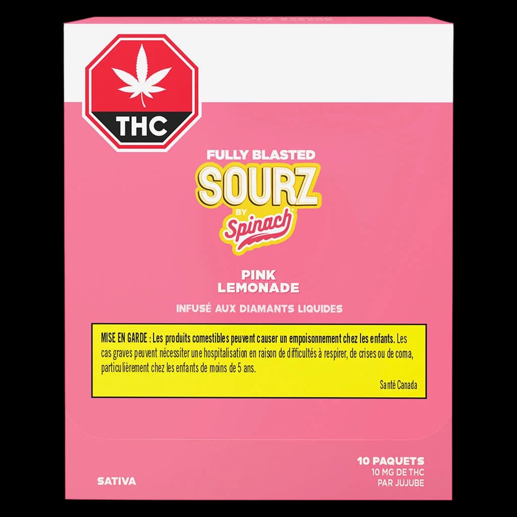 Fully Blasted Sourz by Spinach Pink Lemonade cannabis gummies, 10-pack, 10mg THC per piece, sativa strain