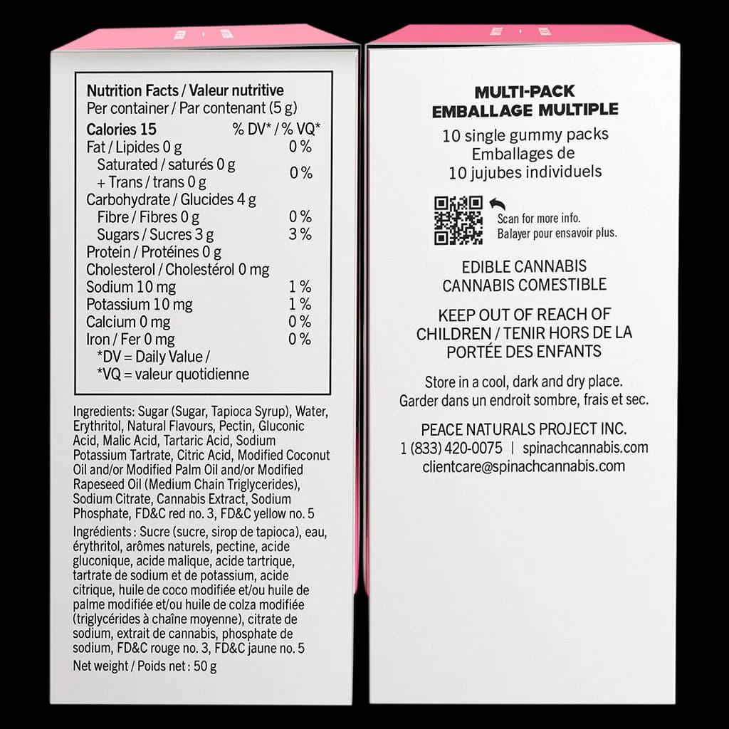 SOURZ by Spinach Pink Lemonade Gummies 10-pack multi-pack box showing nutrition facts and cannabis edible labeling