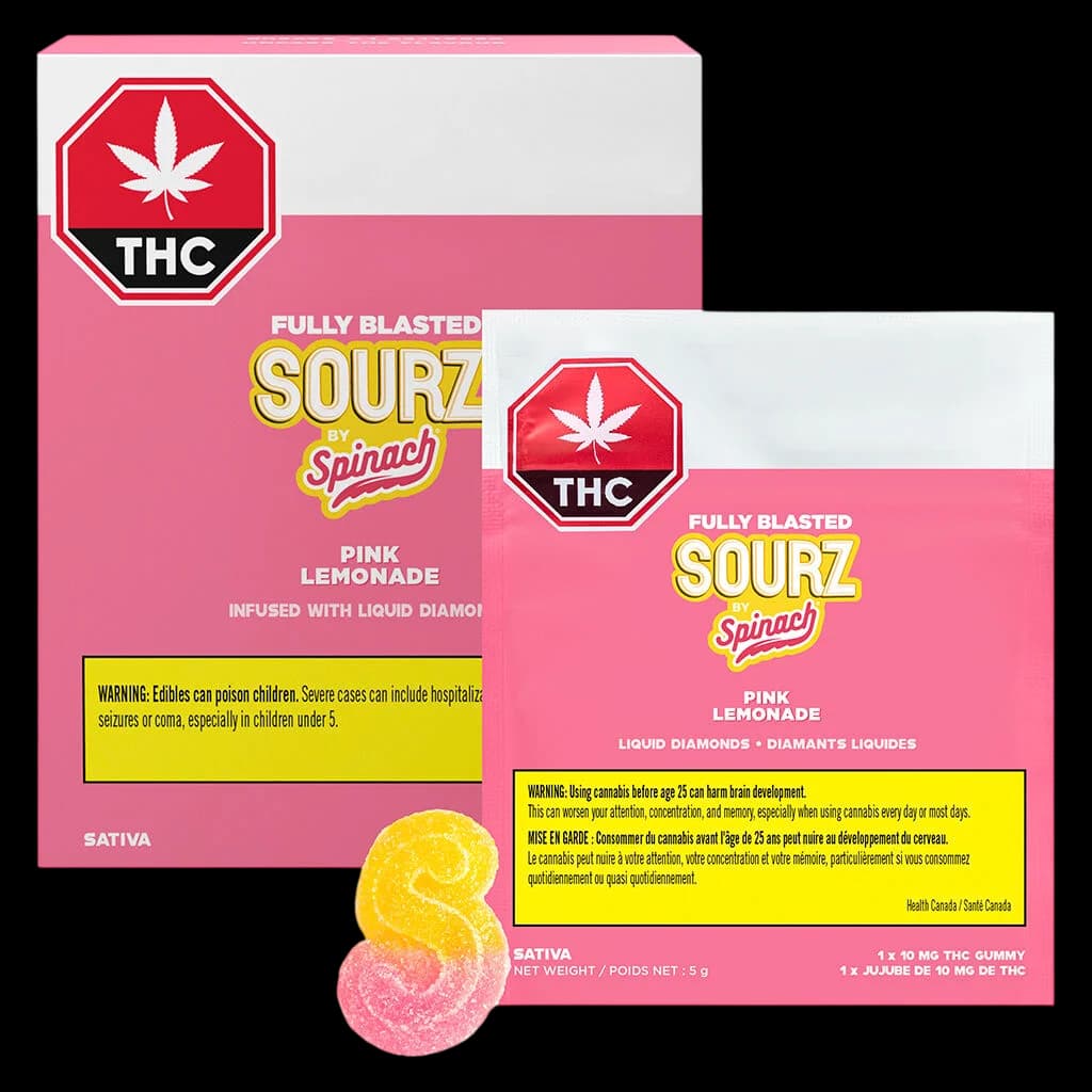 Fully Blasted Sourz by Spinach Pink Lemonade 10mg THC gummies with sour sugar-coated candies, sativa strain, 5g net weight