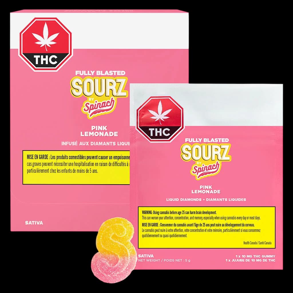 Fully Blasted Sourz by Spinach pink lemonade cannabis gummies, 5g package with THC warning symbol and sour candy product visible