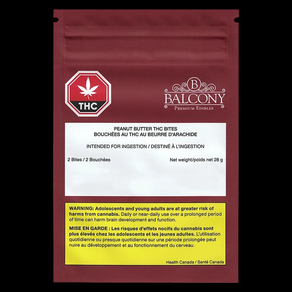 Emballage avant des Balcony Peanut Butter THC Bites de 28 g avec logo rouge, étiquette blanche et avertissement jaune de Santé Canada