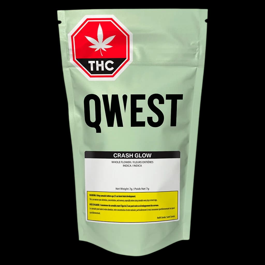 Qwest Crash Glow 7g whole flower cannabis dried flower pouch with red THC warning symbol