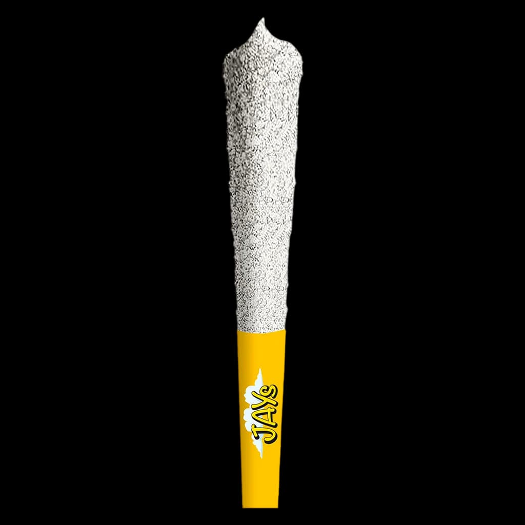 Pré-roulé infusé au yuzu de Jays avec enrobage de diamants et infusion moonrock, embout filtre jaune visible