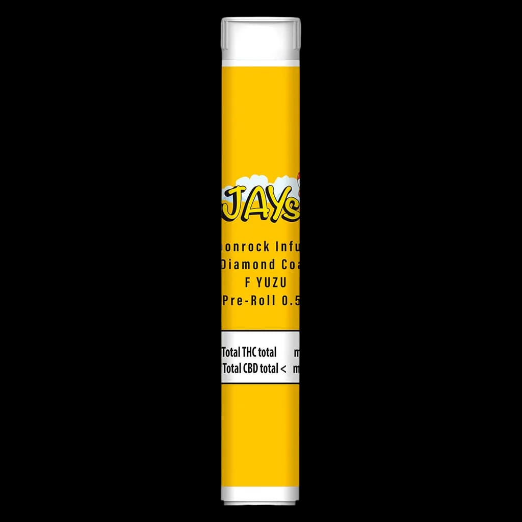 Jays Moonrock Infused Diamond Coated F Yuzu 0.5g cannabis pre-roll in yellow tube packaging